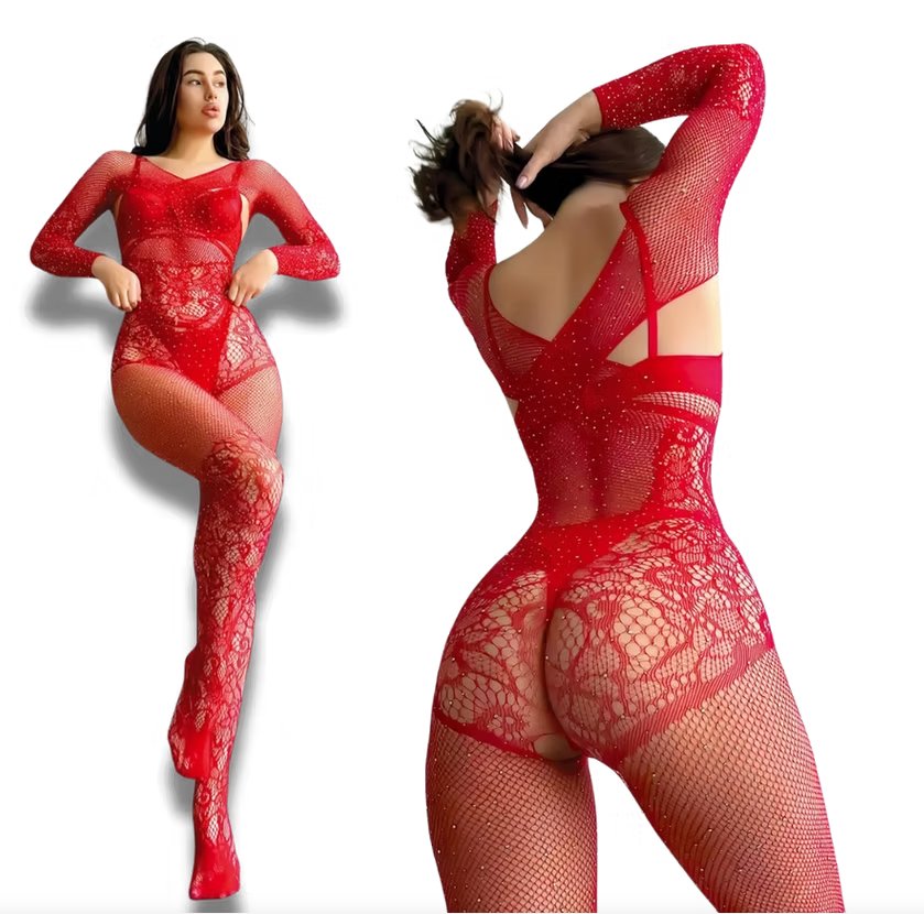 Fileli Dantel Tasarım Kırmızı Vücut Çorabı Fantezi Giyim